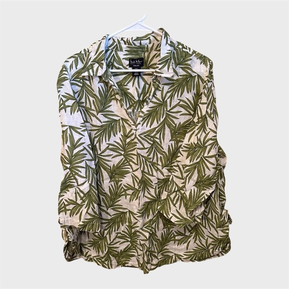 Nicole Miller Shirt Top Blouse 100% Linen Tropical White Green Womens 1x Beach - Picture 2 of 8